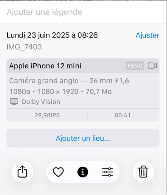 Informations de la vidéo : lundi 23 juin 2025 à 08:26, durée 00:41 (IMG_7403)