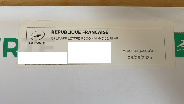 Bordereau d'affranchissement — lettre recommandée avec avis de réception déposée le 8 juillet 2025