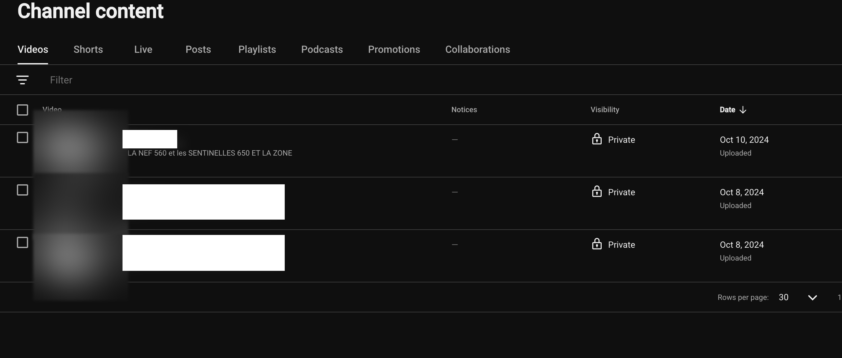 Studio de la plateforme : trois vidéos privées publiées les 8 et 10 octobre 2024