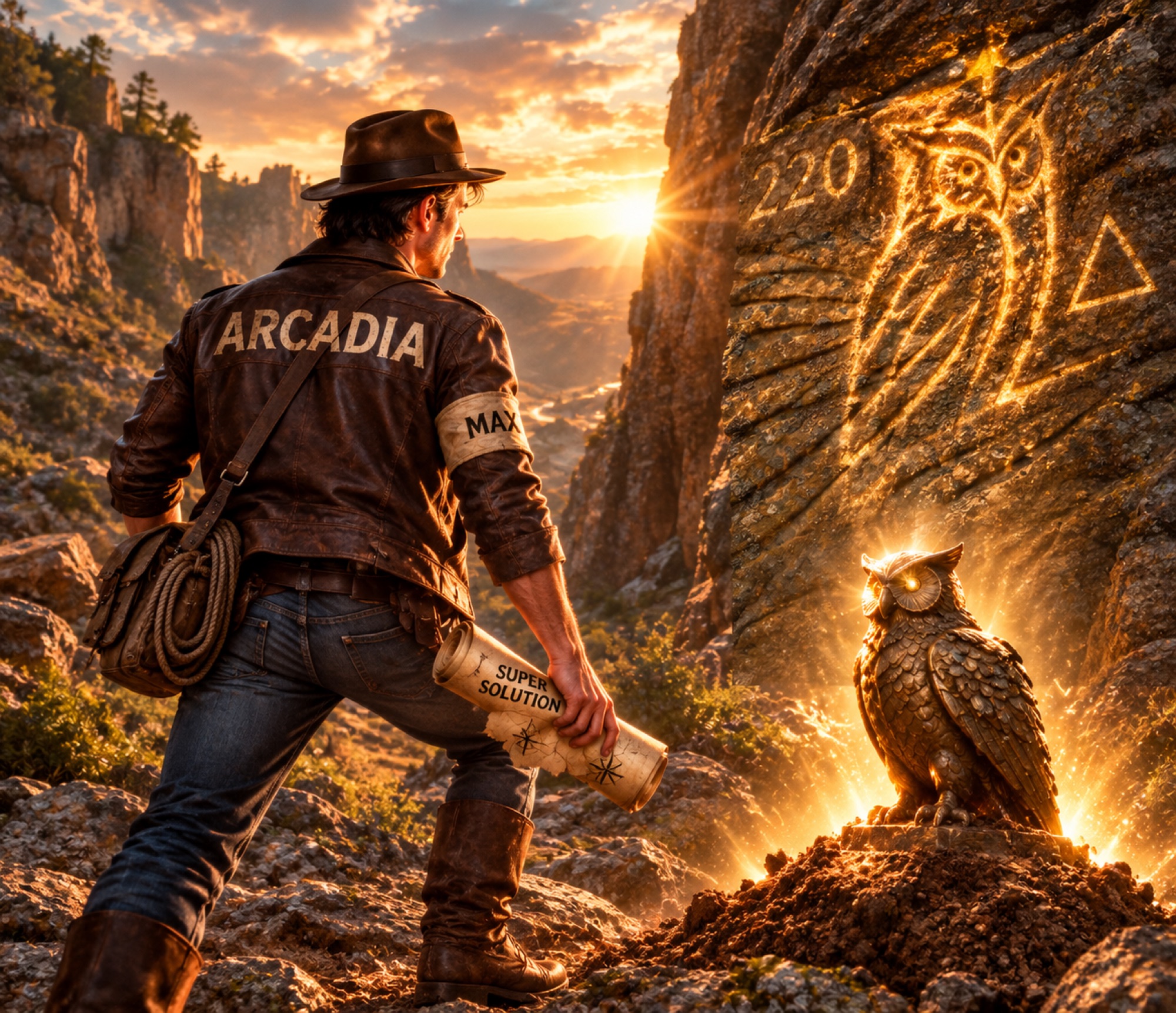 Le chasseur ARCADIA devant la gravure de la chouette dorée et le nombre 220
