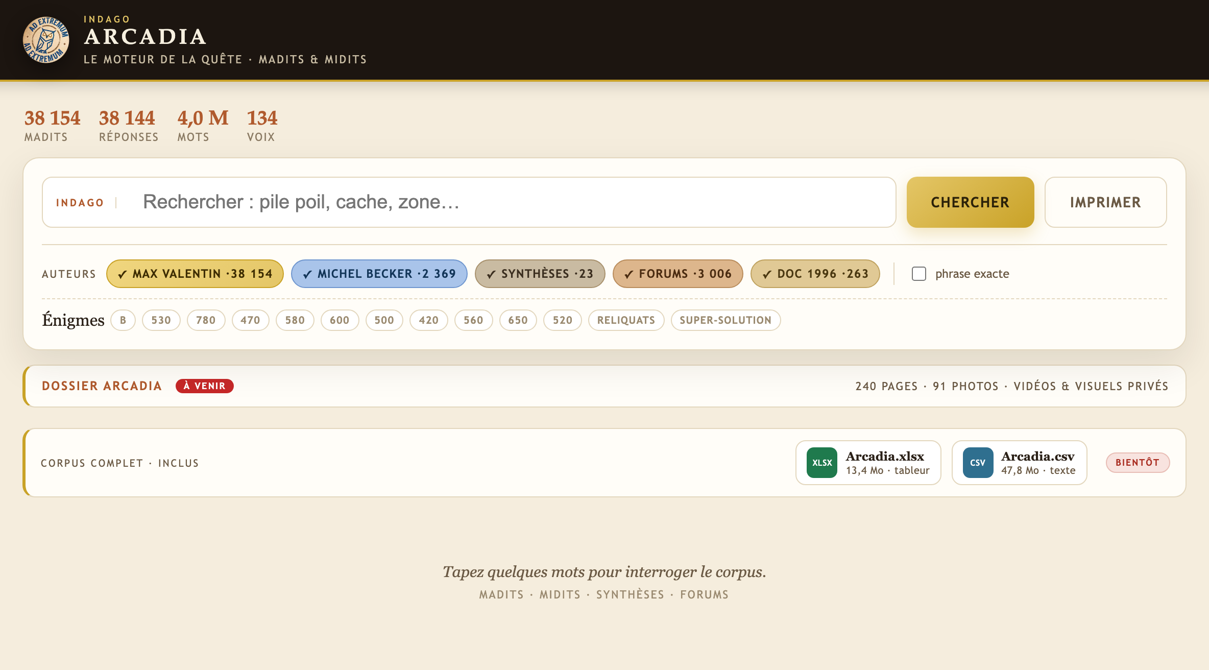 Aperçu du moteur INDAGO : recherche dans les madits, midits, synthèses et forums